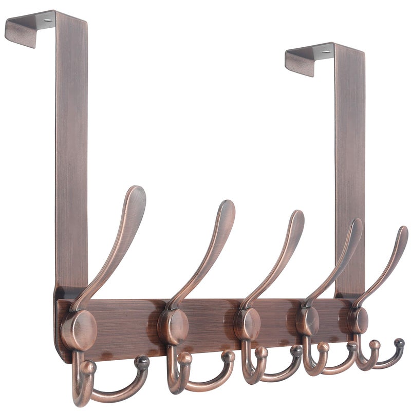 WEBI Over The Door Hook Rack with 5 Tri Hooks for Hanging Coats,Door Hanger Over Door Towel Rack Door Coat Towel Hanger Door Coat Rack,Antique Copper - Image 1